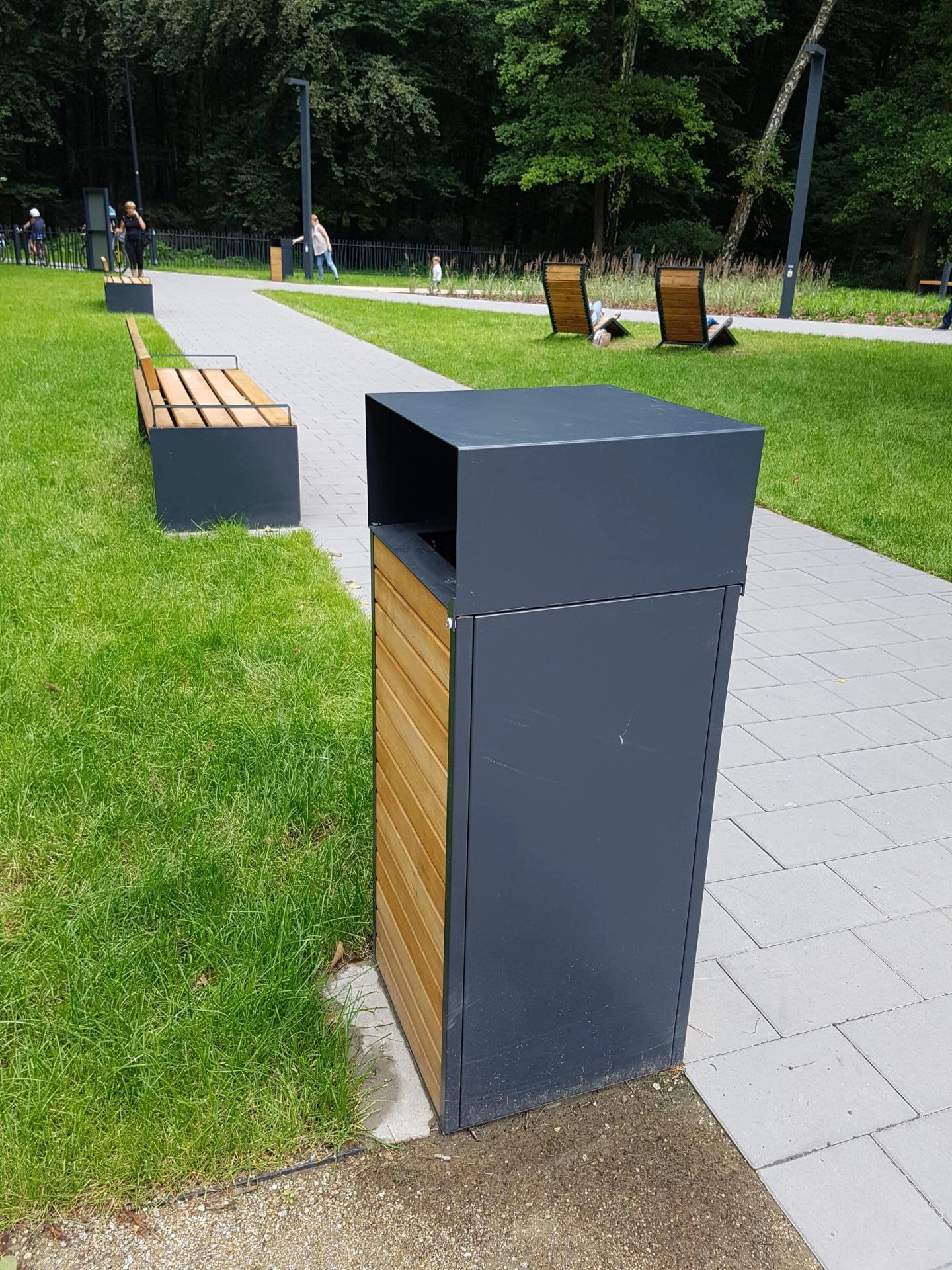 small architecture benches and garbage cans